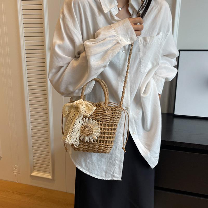 Yogodlns Stroh Handgefertigt Sommerurlaub Gewebt Damen Floral Dekor Kleine Umhängetasche Böhmisch Strand Reise Korb Crossbody Taschen