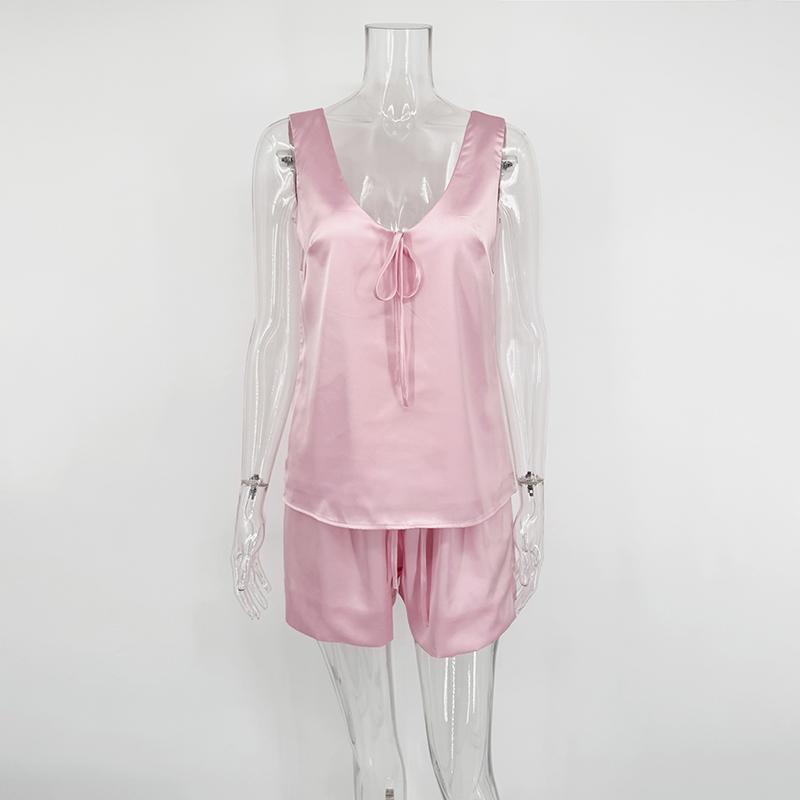 2 Piece Sets Shorts Outfits Women Satin Casual Tracksuits Summer V Neck Tops And Short Sets Sleeveless Drawstring Suits