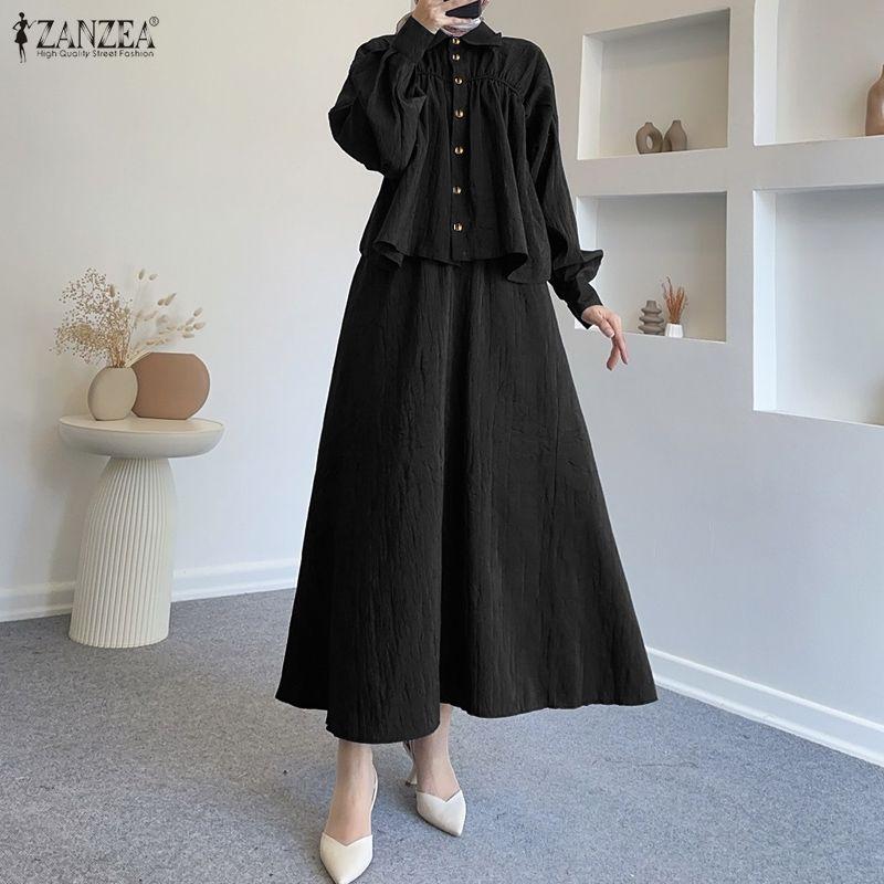 ZANZEA Camicetta a Maniche Lunghe da Donna e Gonne Lunghe Casual Set Completi Due Pezzi