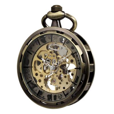 TREEWETO Hand-Wound Antique Mechanical Skeleton Pocket Watch for Men with Chain (Bronze)