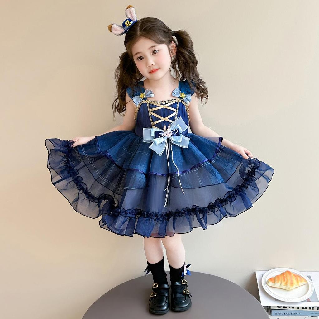 Mädchen-Spaghetti-Träger-Prinzessinnenkleid mit Kaninchen-Polizisten-Print & Tüllrock - Perfekt für Sommergeburtstage