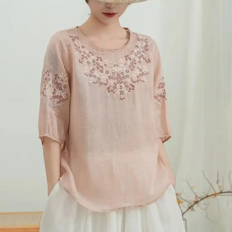 Women's Linen Embroidered Blouse Round Neck Half Sleeve Casual Summer Top