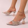 Fashion Fashionable Versatile High Heel Slippers Pointed Toe Rhinestone Decorated One-piece Strap Sandals Casual Elegant Ladies Shoes