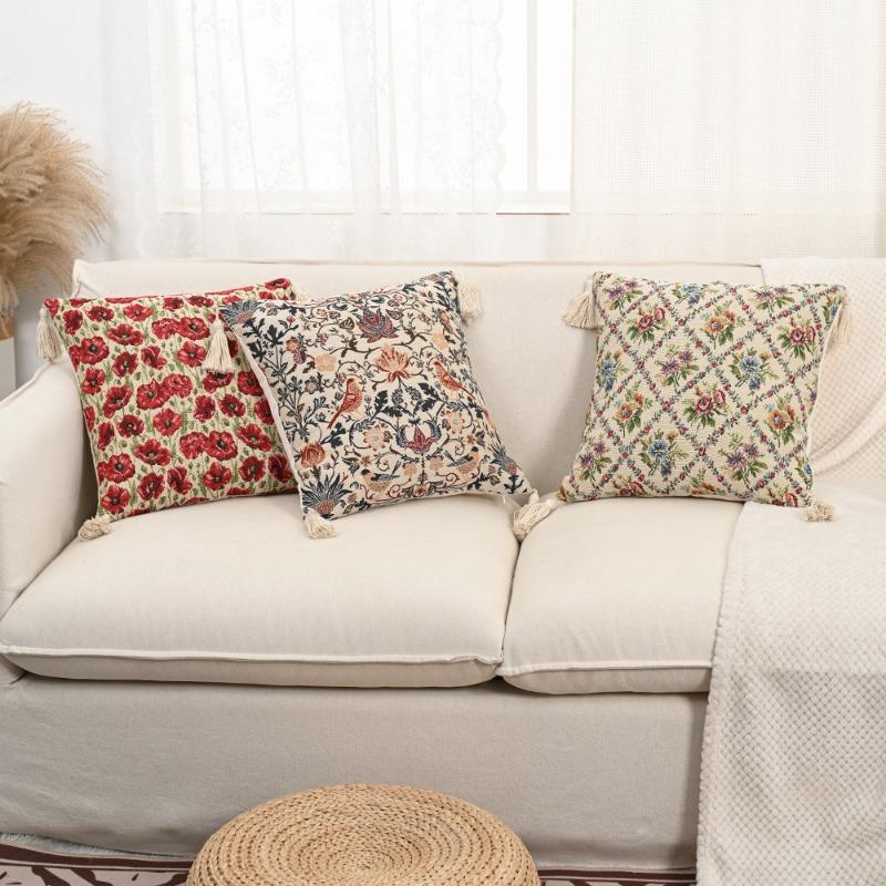 Retro European Style Cotton Linen Flower Cushion Pillowcase Living Room Sofa Backrest High Precision Jacquard Cushion Cover