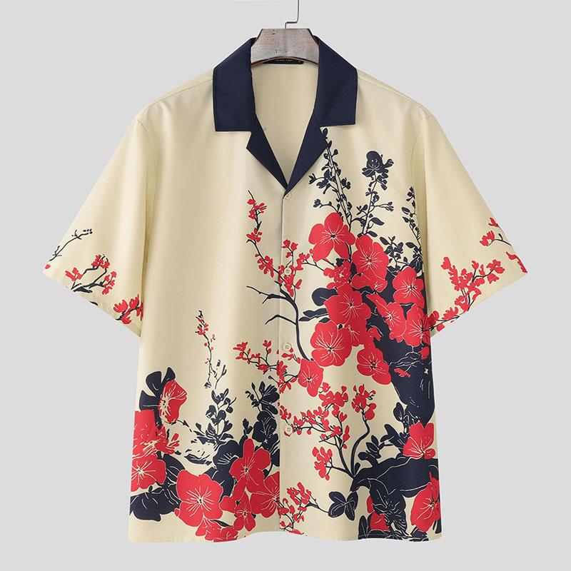 

INCERUN Summer Men Short Sleeve Buttons Up Floral Print Casual Loose Shirts Tops M абрикосовый