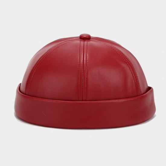 Women Men Faux Leather Docker Cap Hat Round Top Brimless Design Hat Solid Color