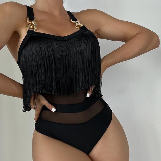 Women Sexy Monokini Sling Sleeveless Tassel Decor Swimsuit Mesh Splicing Backless Design One-piece Bikini