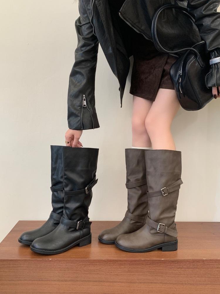 New thin big tube around high tube stacking boots belt buckle knight boots but knee boots