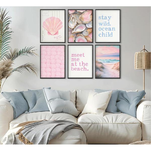 Pink Beach Preppy Wall art Coastal Granddaughter Aesthetic Room Painting Picture Wall Decor Shells Oyster Poster Print Artwork for Girls Room Girls