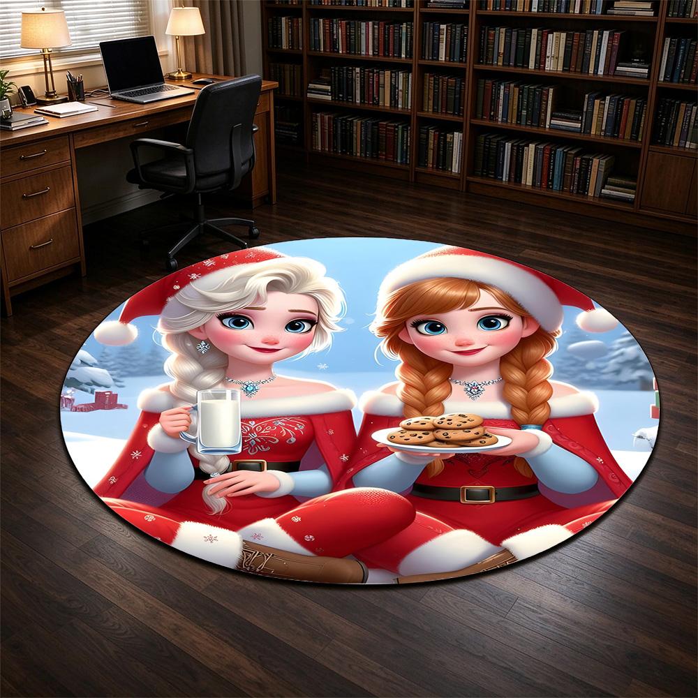 Round Rug Frozen Elsa Anna Santa Suit Milk Cookies Christmas Snow Holiday Movie Fan Living Room Decor