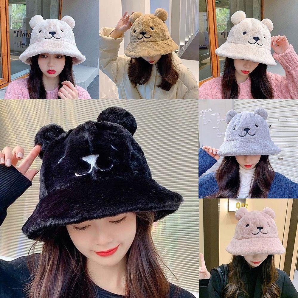 Fashion Cute Bear Ears Fur Bucket Hat Warm Soft Women's Fisherman Hat Thick Basin Hat Clothing Accessories