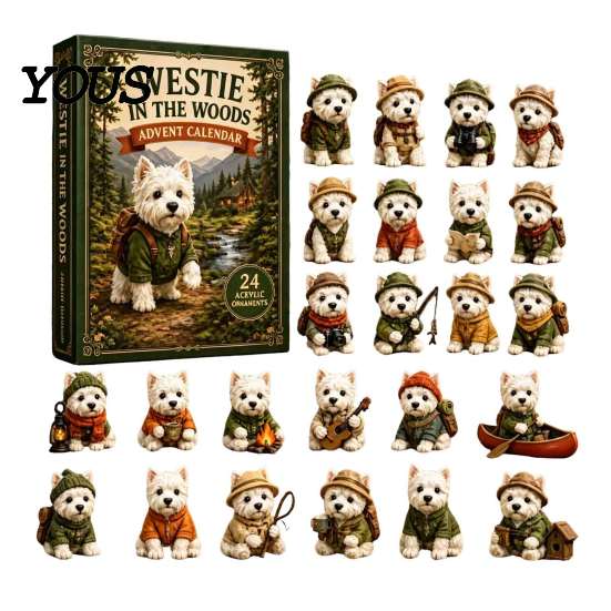 Linda Decoración Navideña para Cachorros Westie en el Bosque Calendario de Adviento, Calendario de Cuenta Atrás Navideño de 24 Días para Niños Set de Figuras de Perros, West Highland