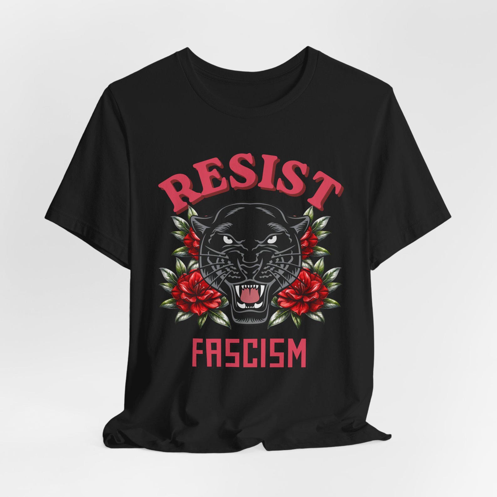 Resist Fascism Panther Tee | Political Statement Shirt, Rose Graphic 4XL