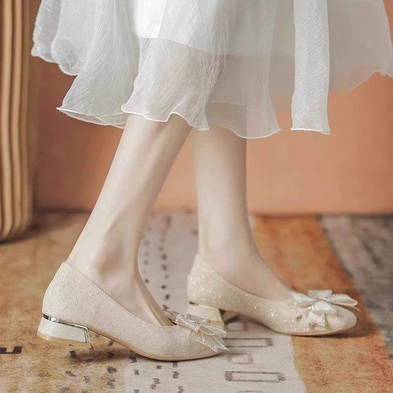 Flat single shoes women's 2025 new soft sole square head shallow mouth French gentle wind one pedal bridesmaid wedding shoes bride shoes