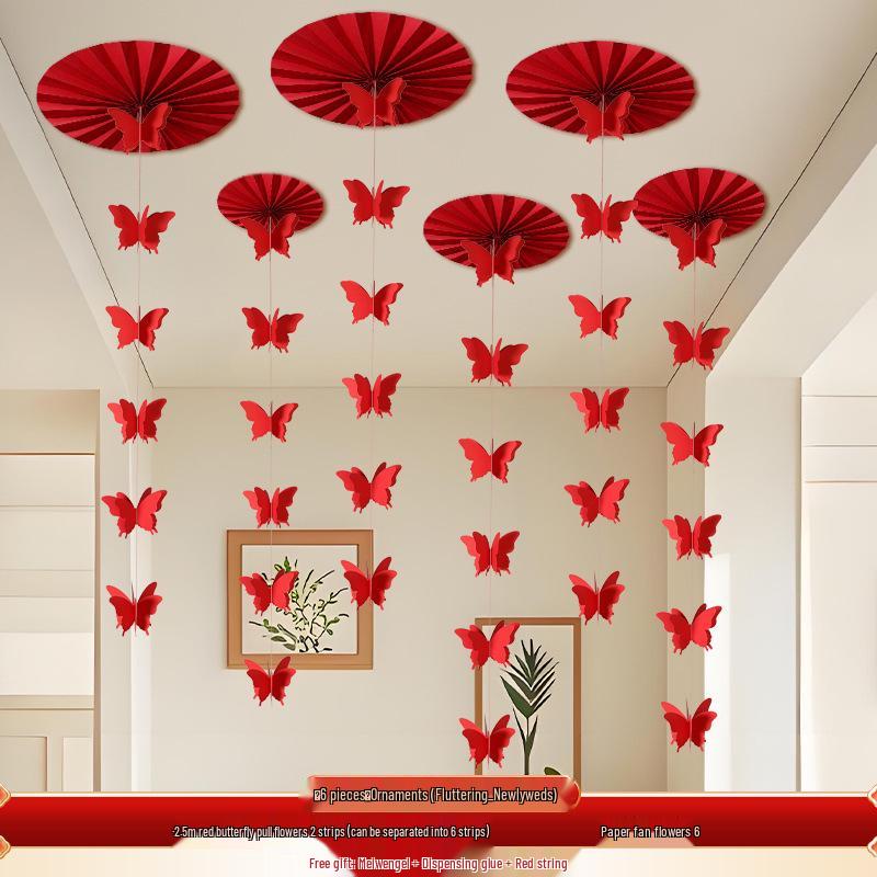 Wedding Décor: Double Happiness Paper Cut Ornaments for Ceiling and Walls, Festive Butterfly Pull Flowers for Bedrooms and Living Rooms