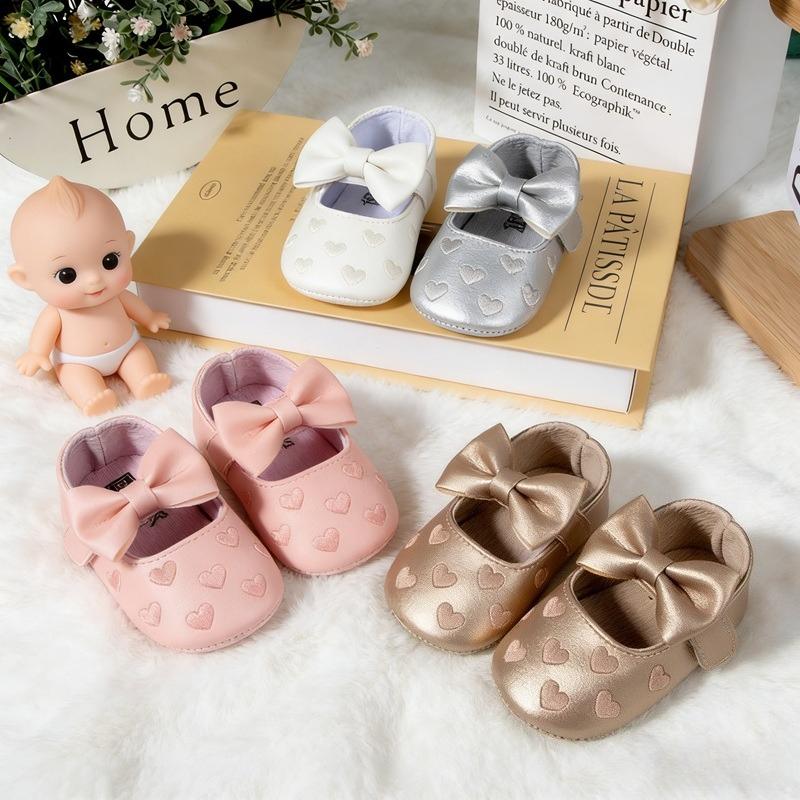 Baby Girls Indoor First Walker Shoes 0-18 Months Soft Cotton Sole Non-Slip Bowknot Embroidery Hook & Loop Booties