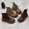 Johnature Vintage Handmade Genuine Leather Thick Sole Short Boots Round Toe Lace Up Cowhide Women's Shoes