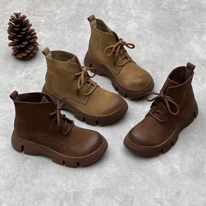 Johnature Vintage Handmade Genuine Leather Thick Sole Short Boots Round Toe Lace Up Cowhide Women's Shoes