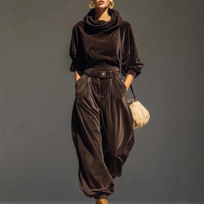 High Neck Rib Knit Top and Wide Leg Pants Set