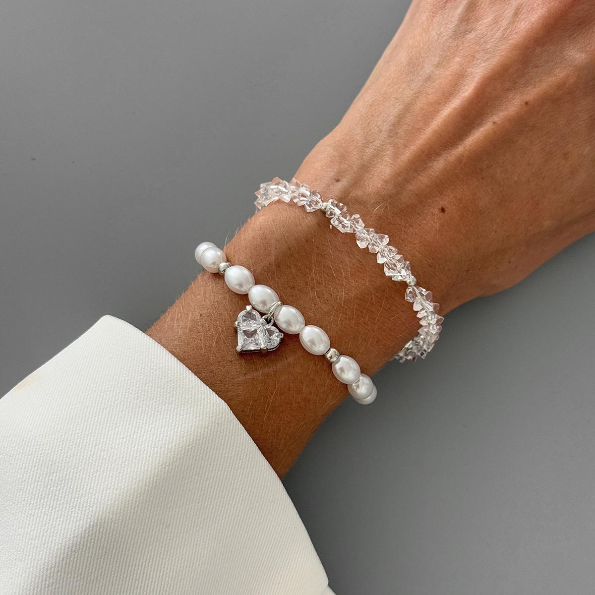 

SHIXIN 2Pcs/Set Elegant Imitation Pearl Crystal Chain Bracelets for Women Shinny Rhinestone Heart Pendant Bracelet Jewelry Gift