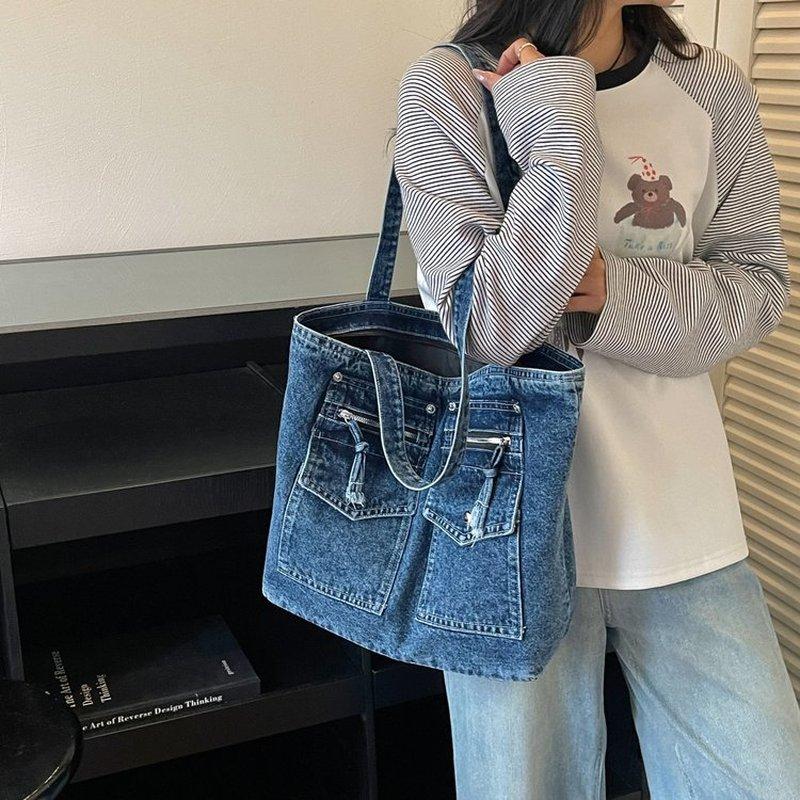 Trendige Canvas-Umhängetasche mit großem Fassungsvermögen, einseitig tragbare Sling-Tasche für die Uni und den Weg zur Arbeit, Jeans-Umhängetasche