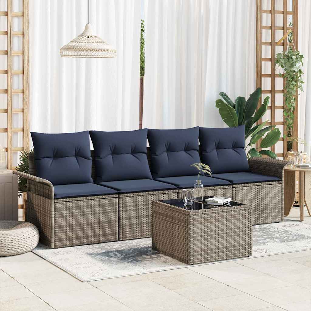 5 Piece Sofa Set with Cushions Grey Poly Rattan