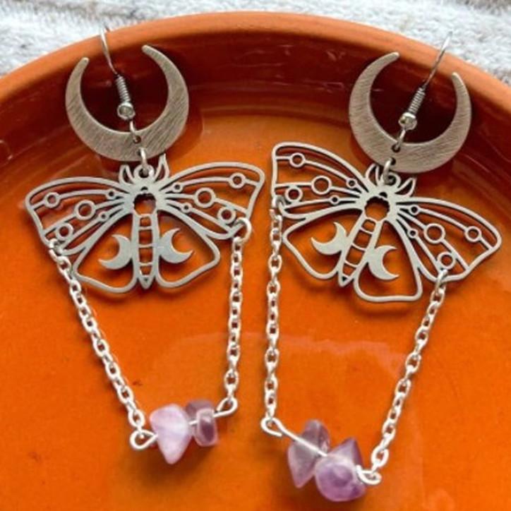 Vintage Hollow-out Butterfly Pendant Earrings Bohemian Moon Moth Ear Hooks Natural Stone Jewelry Accessory Gifts For Women Girls