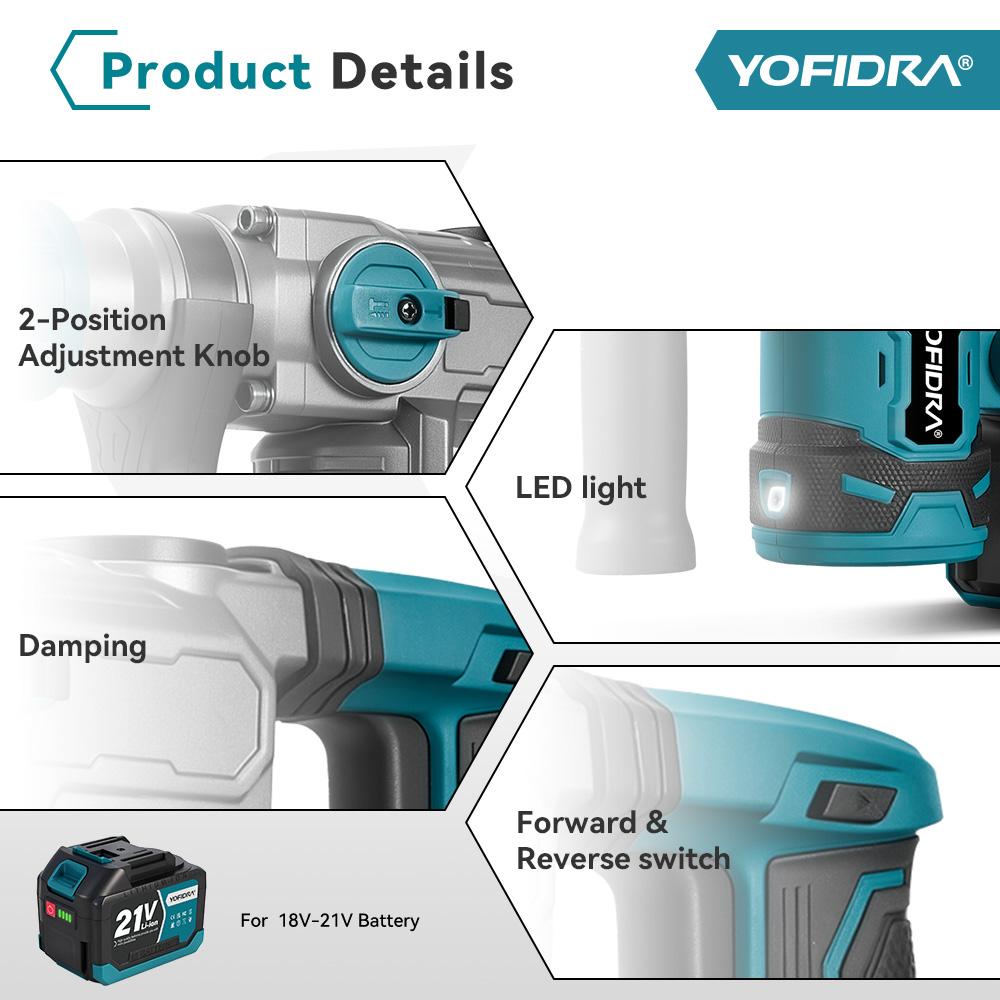 YOFIDRA Brushless 26MM Electric Hammer Impact Drill 8000IPM Multi-Screwdriver Rotary Drilling Tool For Makita 21V Battery Pin