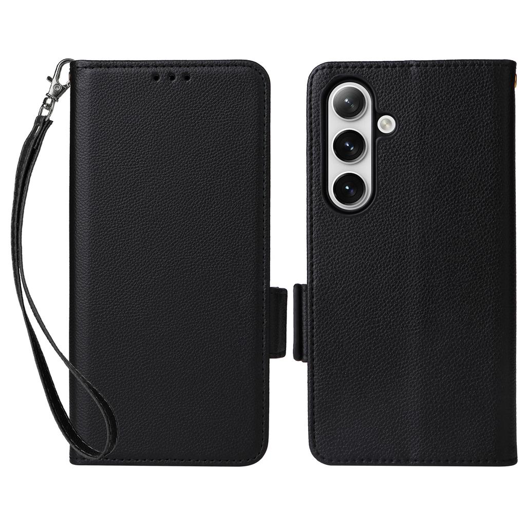 For Samsung Galaxy S25 Case with Wrist Strap Litchi Texture PU Leather Wallet Phone Cover