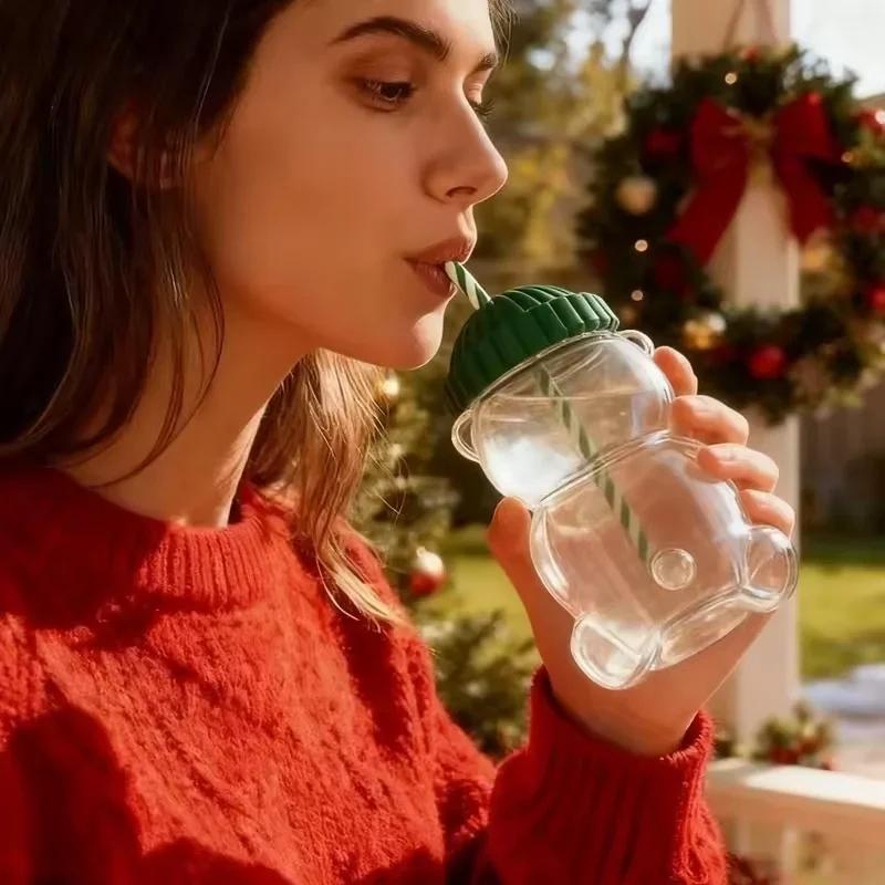 New For Starbucks Cute Animal Bear Straw Glass Transparent Glass For Men Women Birthday Christmas Gift Milk Tea Cup With Straw