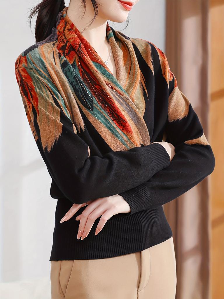 Ladies' Elegant Long Sleeved Soft and Warm Cross Neck Knitted Sweater with Printed V-neck Base Sweater