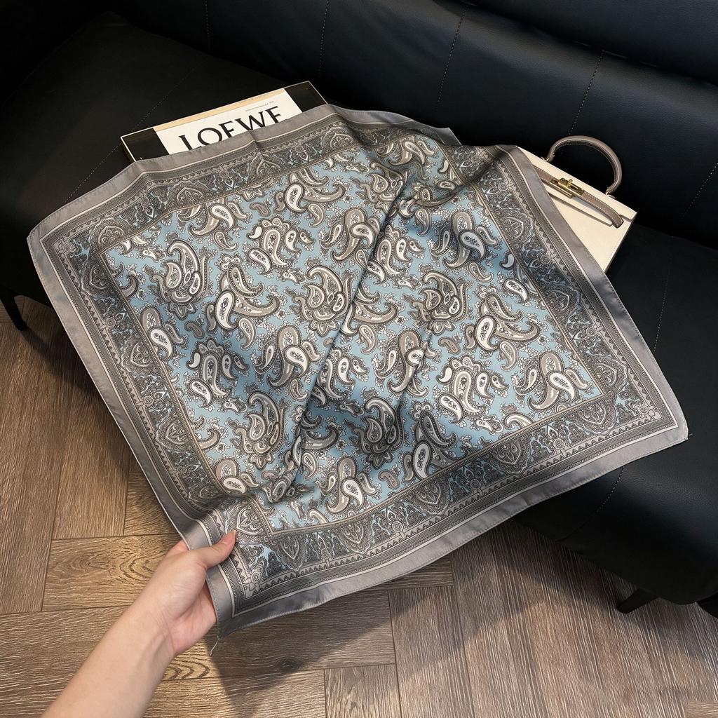 71Cm New Chinese Simulation Silk Square Scarf Soft and Skin-friendly Ink Flower Rhyme Printing Silk Scarf Neck Sunscreen Small Scarf