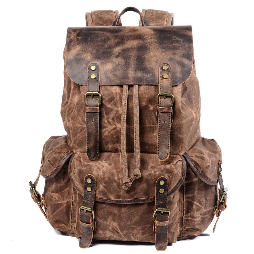 Retro Waxed Canvas Backpack - Men's Trendy Large-Capacity Shoulder Bag for Travel and Student Use.