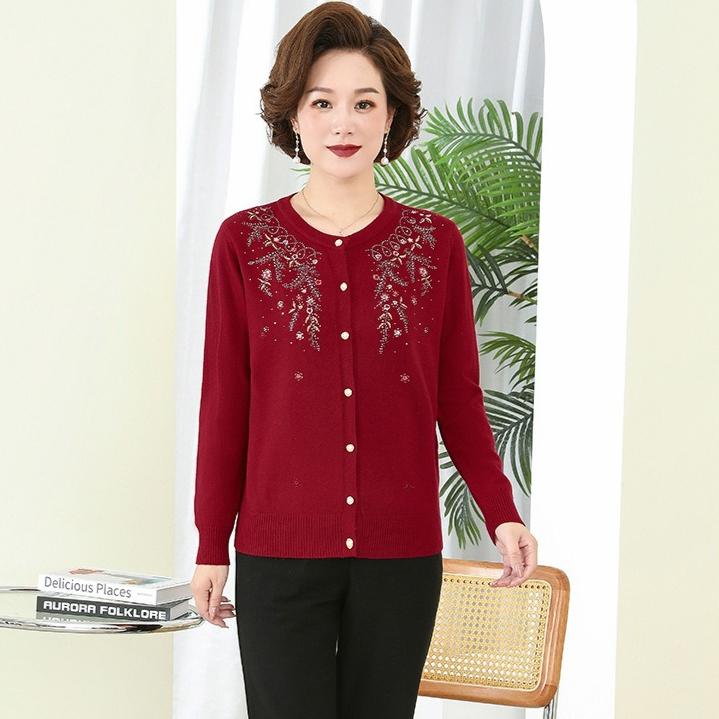 Women's Crew Neck Wool Cardigan Autumn/Winter Loose Fit with Rhinestone Embroidery Knit Cardigan Top