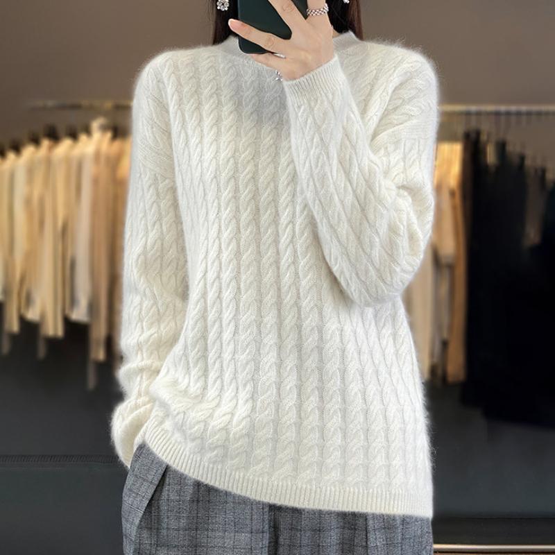 Round Neck 100% Pure Cardigan for Women's Autumn and Winter Solid Color Twist Sweater Loose and Versatile Warm Cashmere Base Shirt