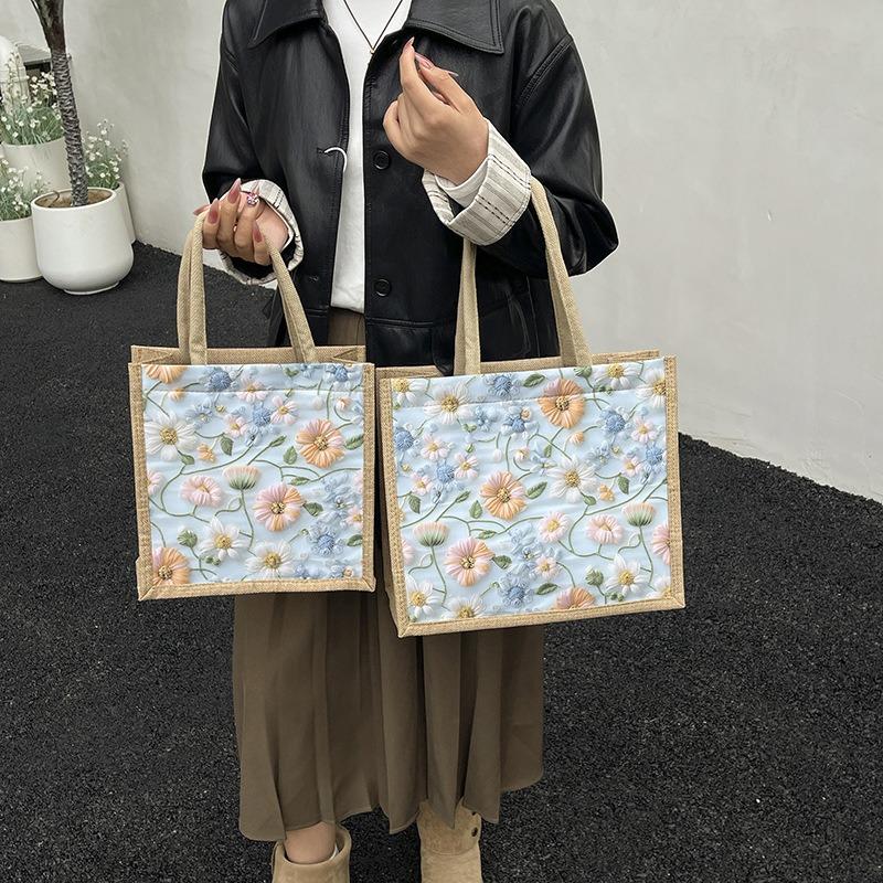 Linen zipper handbag women's new flower pattern large capacity tote bag going out to work commuting linen bag