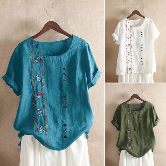 O-Neck Short Sleeve Loose Fit Women Shirt Embroidery Flower Print Buttons Decor Shirt Top Streetwear