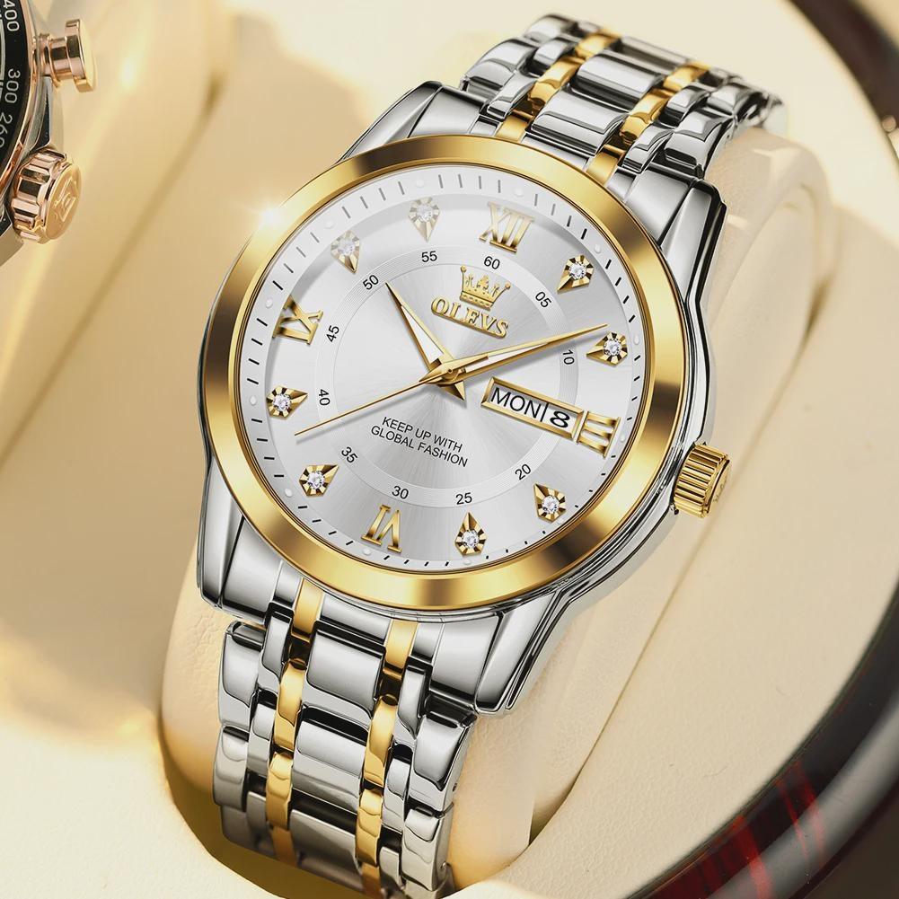 OLEVS Men's Watch Dual Calendar Display Waterproof Luminous Original Luxury Diamond Watch Fashion Men's Watch