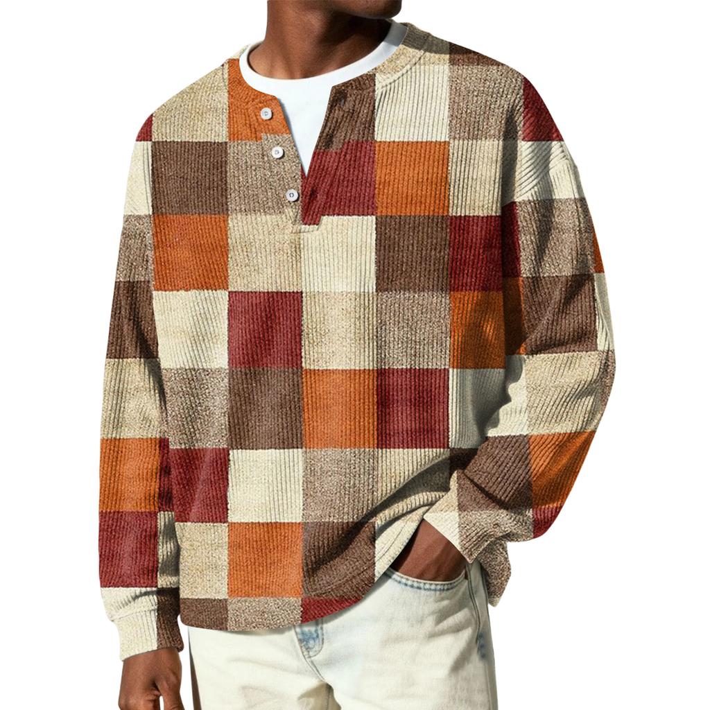 Męski sweter z dzianiny prążkowanej z długim rękawem, z kołnierzykiem zapinanym na guziki