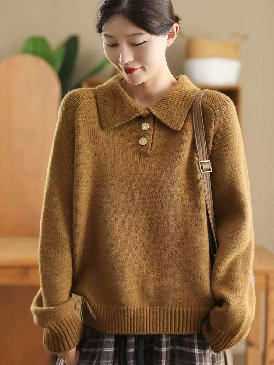 

Johnature Женские винтажные свитера-пуловеры Однотонные трикотажные свитера с отложным воротником из хлопка Теплые зимние повседневные свитера One Size кофейный