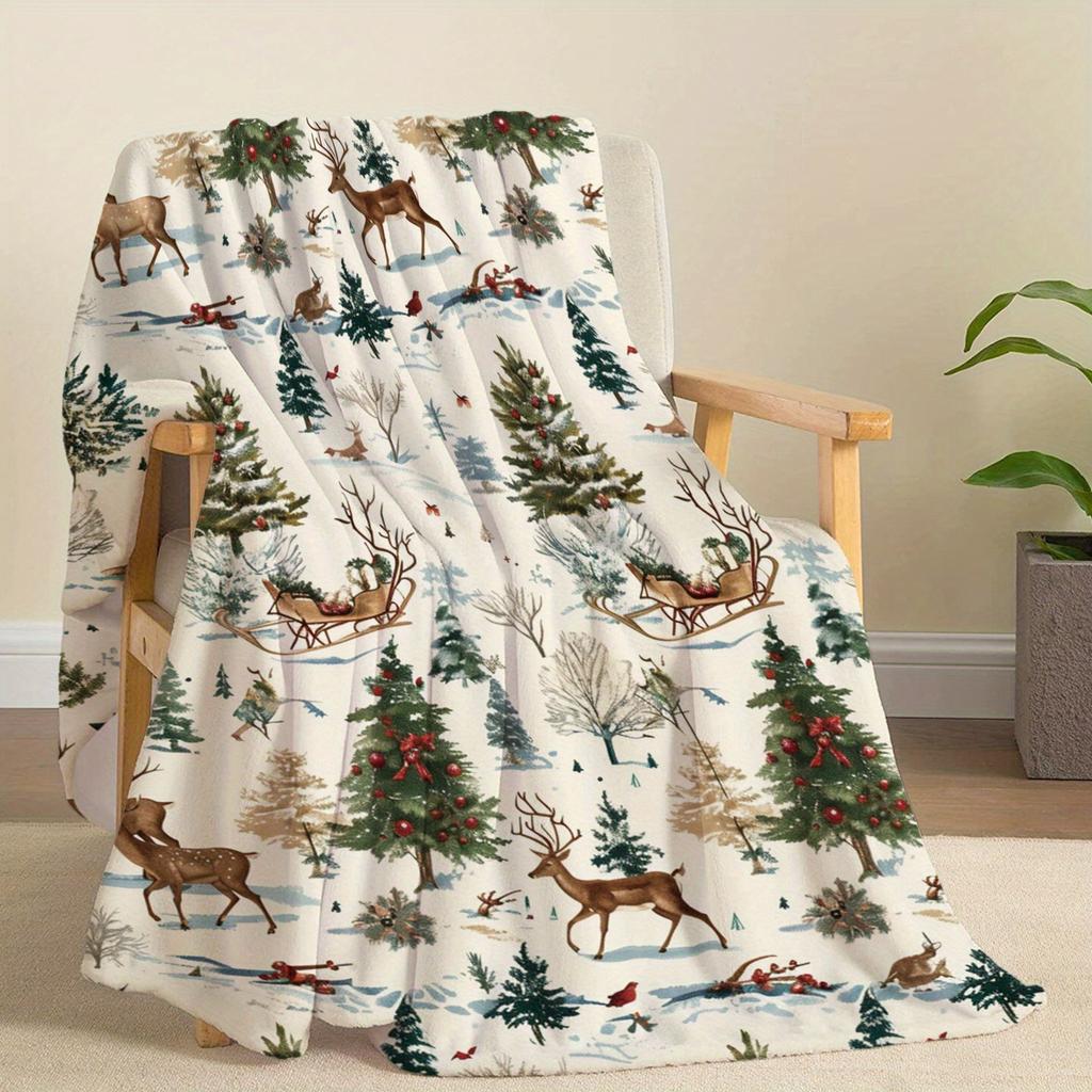 1pc Christmas Flannel Throw Blanket, Soft Polyester, Contemporary Style, Digital Print, All-Season, Machine Washable, 200-250g