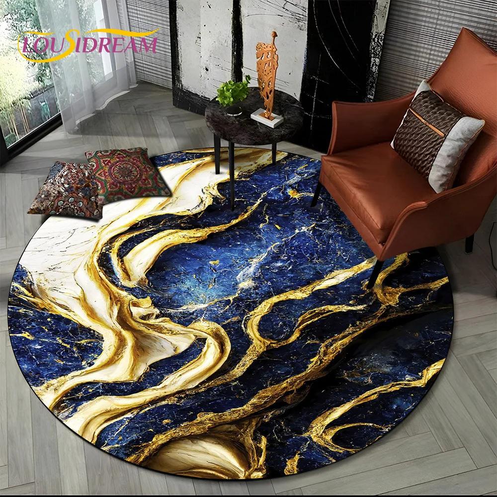3D Colour Luxurious Marble Green Blue Gold Round Carpet Rug for Living Room Bedroom Child Chair Decor,Pet Area Rug Non slip Mat