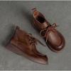 Johnature Retro Women Short Boots Genuine Leather Lace-Up Shoes Handmade Round Toe Soft Sole Flat Boots