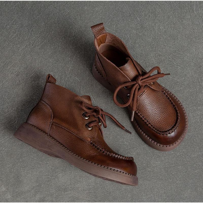 Johnature Retro Women Short Boots Genuine Leather Lace-Up Shoes Handmade Round Toe Soft Sole Flat Boots