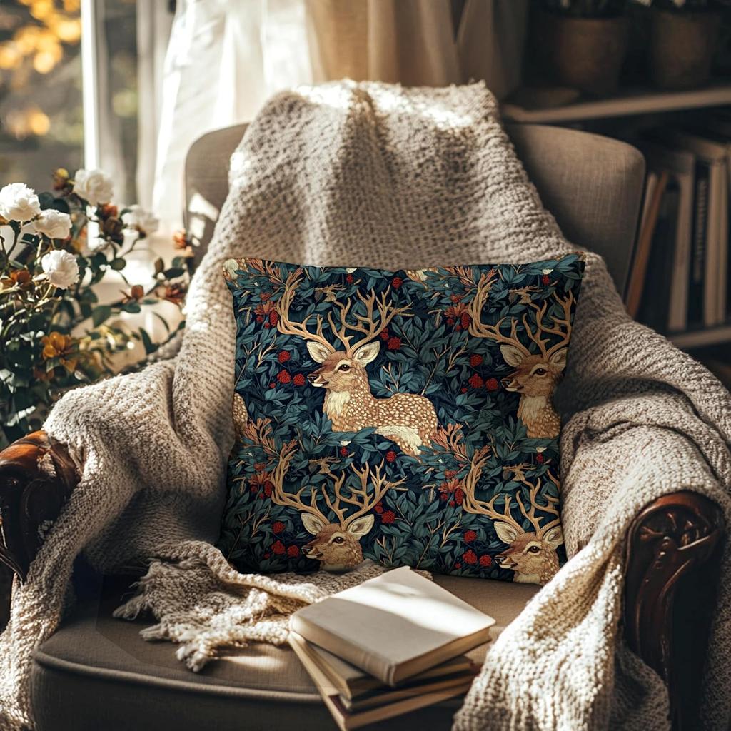 Vintage Floral Deer Pillow Covers, Cottagecore Room Home Decor, Art Nouveau Botanical Forest Deer Decorative Pillow Covers for Home Bedroom Living