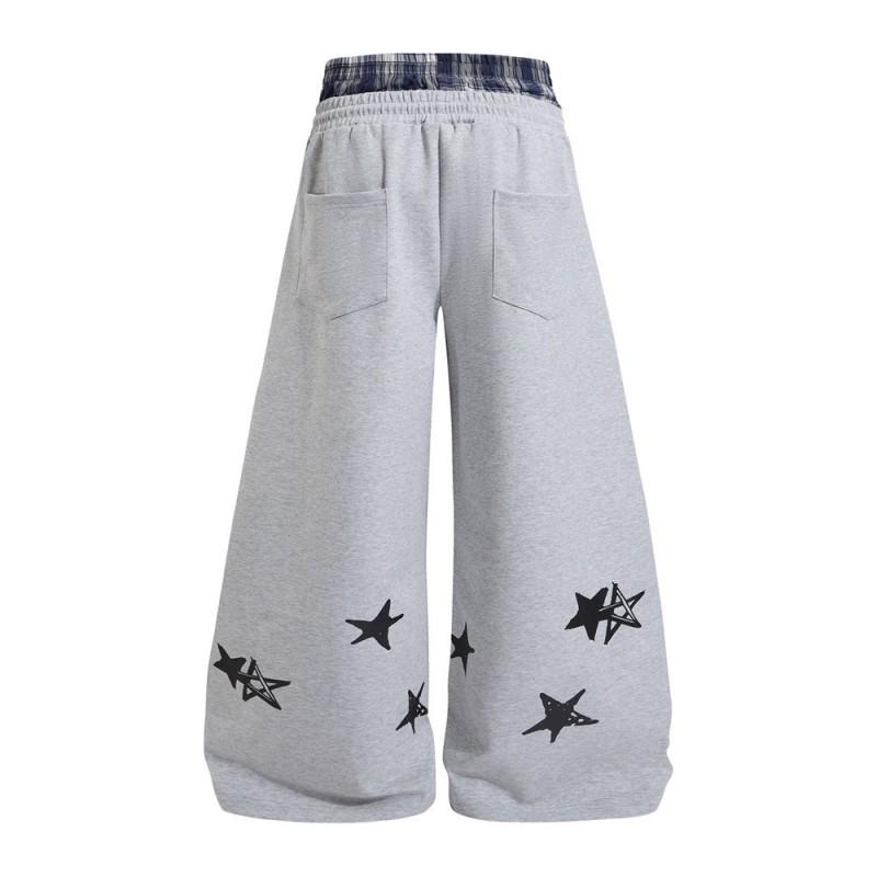 Mens Loose Wide-Leg Curved Pants Streetwear Star Letter Print Casual Trousers