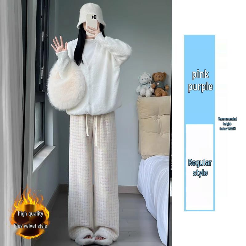 Petite Houndstooth Wide-Leg Pants: Women's Autumn Winter High-Waist Slimming Plaid Knit In Mink, Size XS.