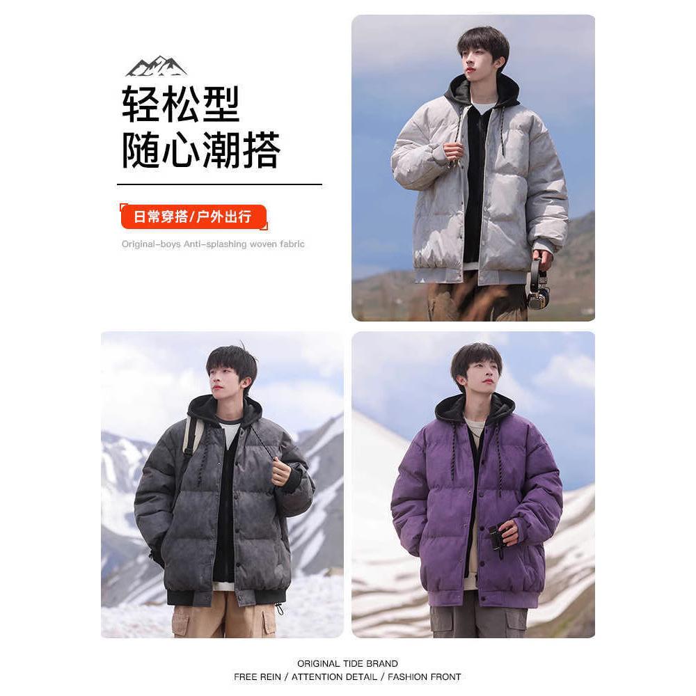 American fake two-piece hooded cotton-padded jacket for men's winter thickened warm cotton-padded jacket and cold-proof jacket for teenagers