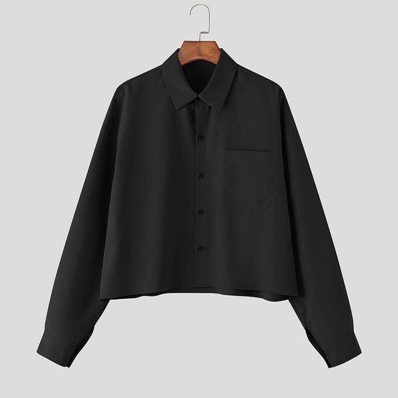 INCERUN Oversized Men Lapel Neck Buttons Up Casual Long Sleeve Crop Shirts