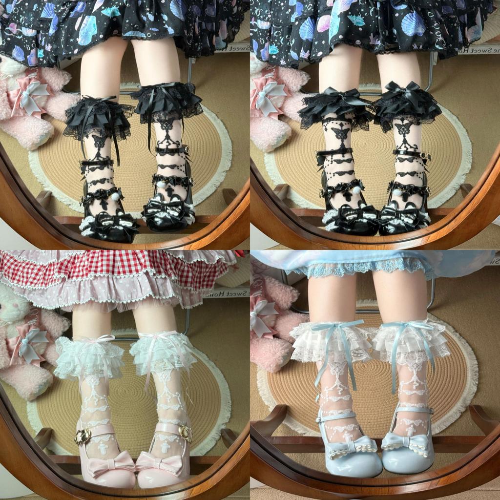 Lolita Butterfly Pattern Nylon Girls Midcalf Socks With Lace Trim For Spring Summer Wear